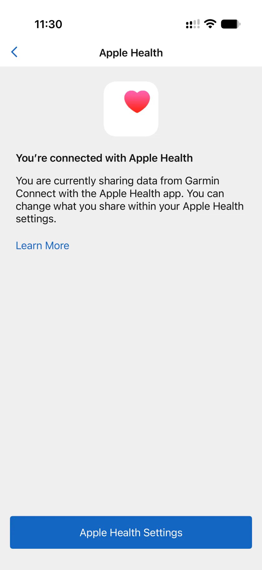 Garmin already connected to Apple Health, with an arrow pointing to Apple Health Settings
