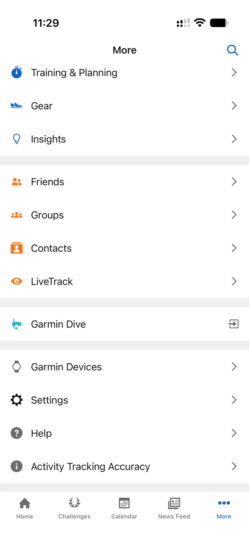 Garmin Connect More screen with arrows pointing to More and Settings