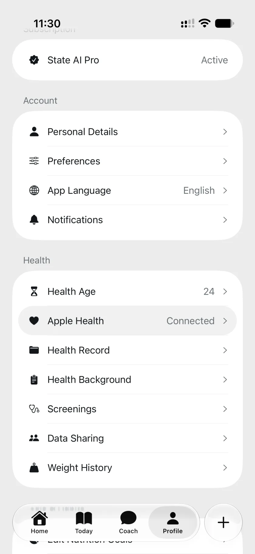 State AI Profile with an arrow pointing to Apple Health