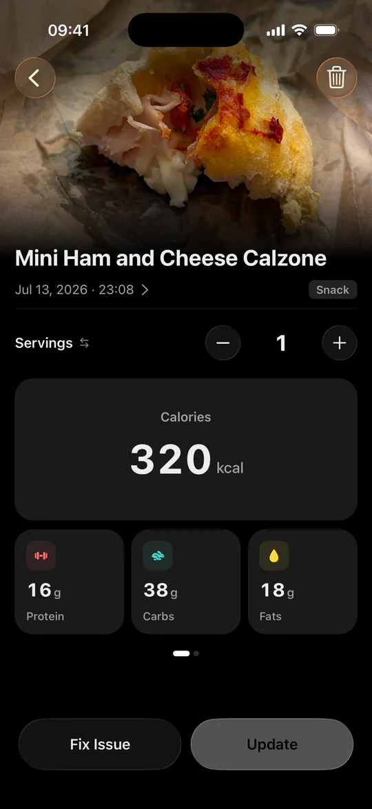 A scanned meal in State AI with calories and macros parsed from a photo