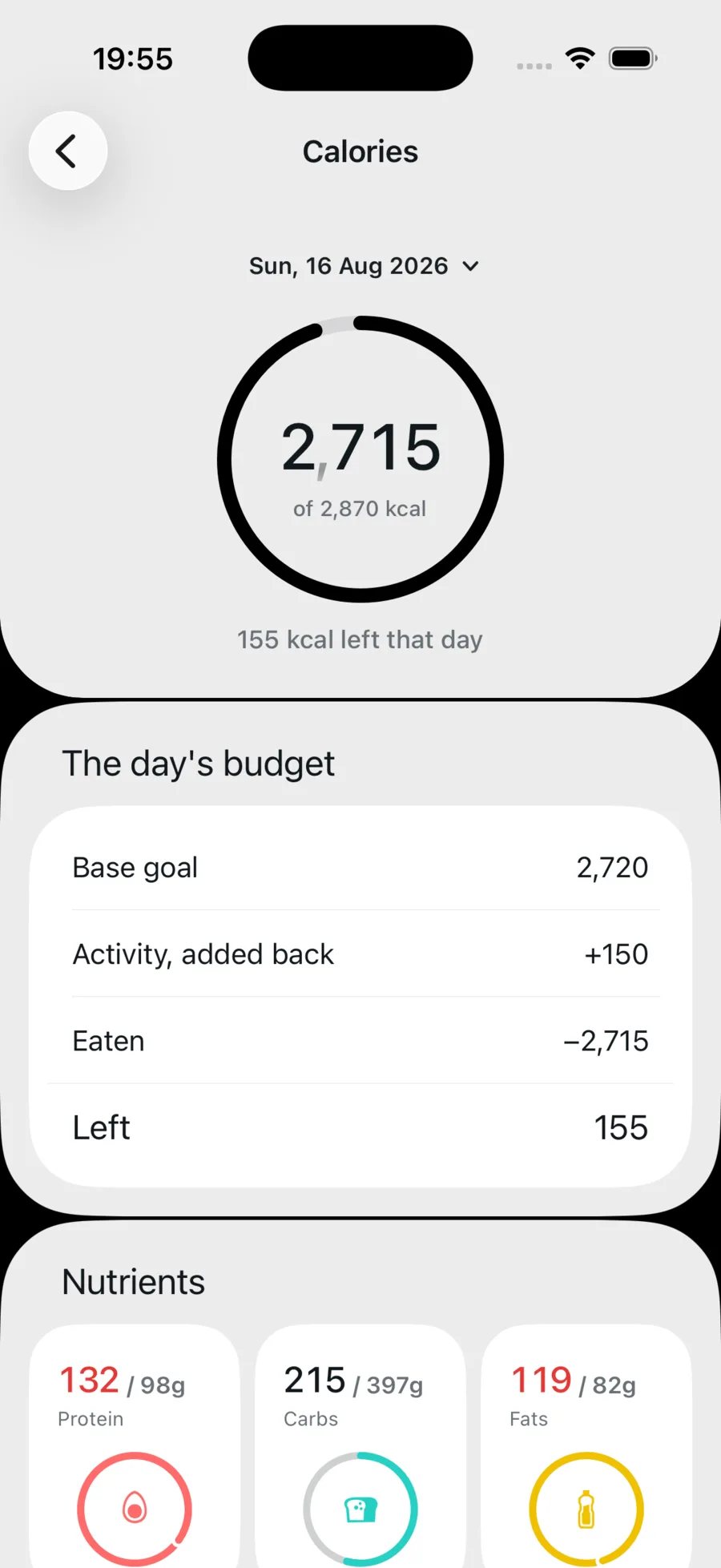 The Calories screen in State AI: 2,715 of 2,870 kcal, the day's budget, and the six nutrient rings