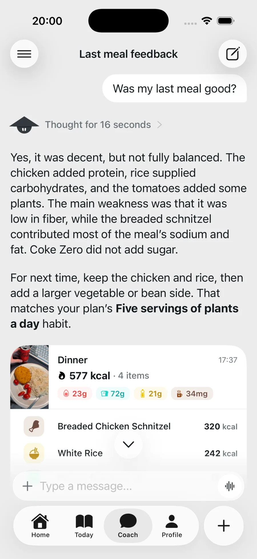 The coach answering whether the last meal was good, with the logged dinner and its four items under the answer