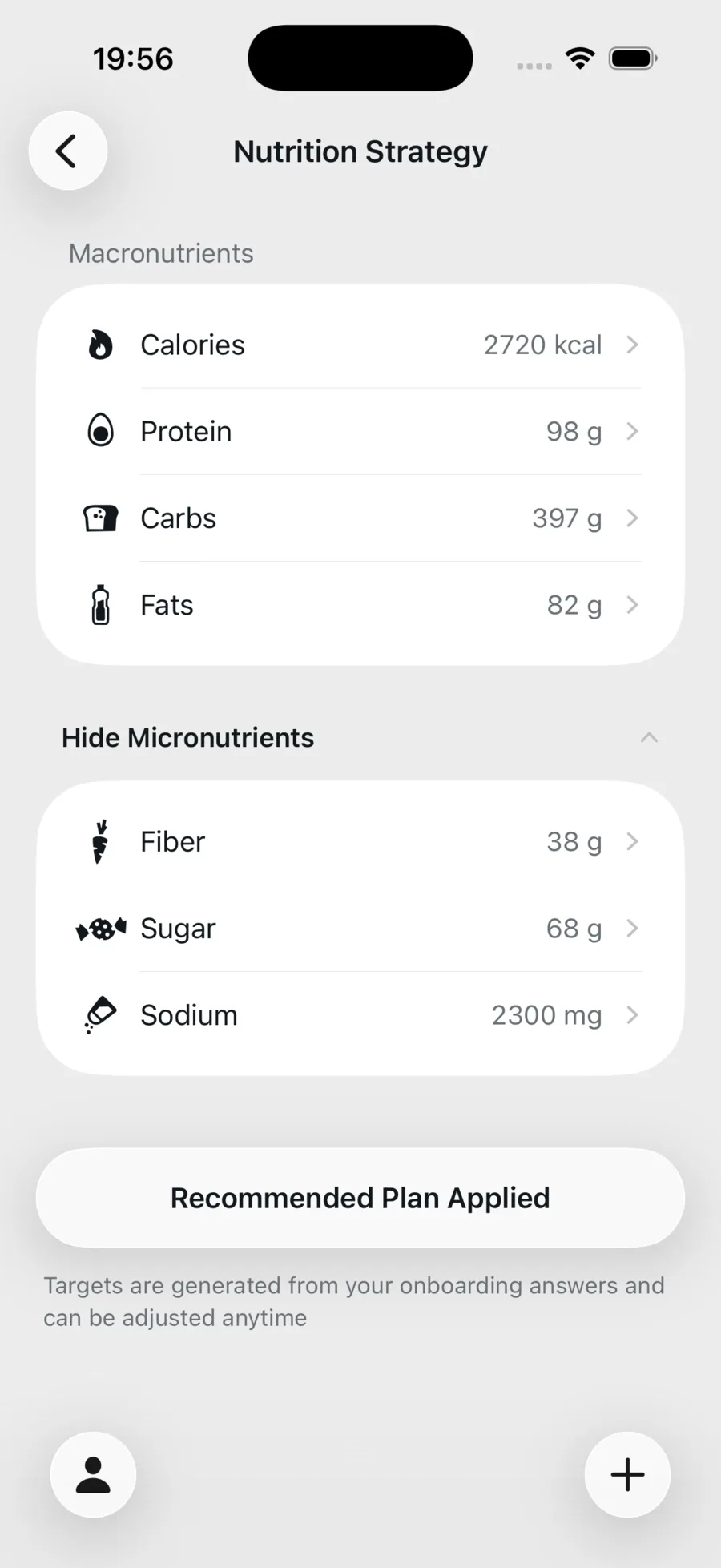 Nutrition Strategy in State AI: calorie, protein, carb and fat targets, with fiber, sugar and sodium under them