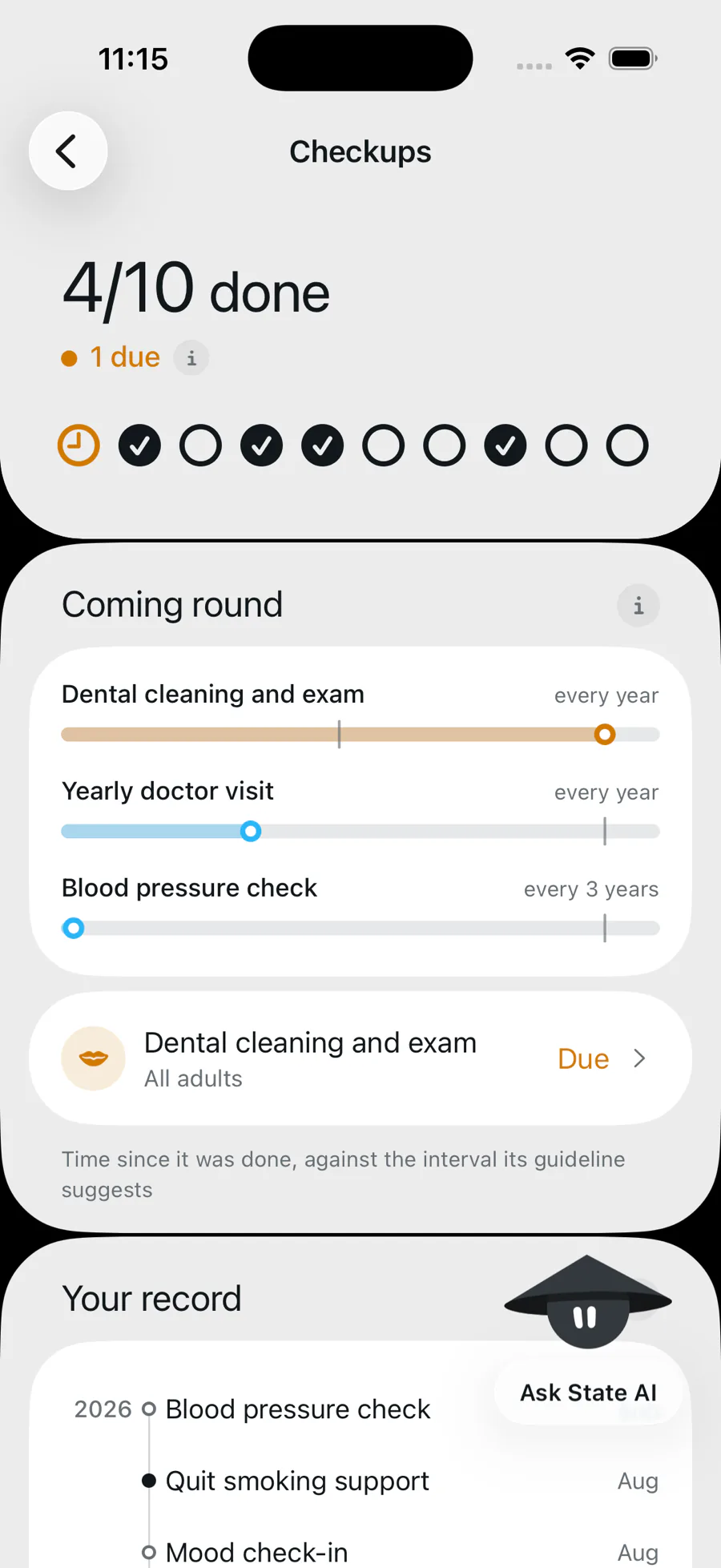 The Checkups screen: 4 of 10 done, one due, each with its interval