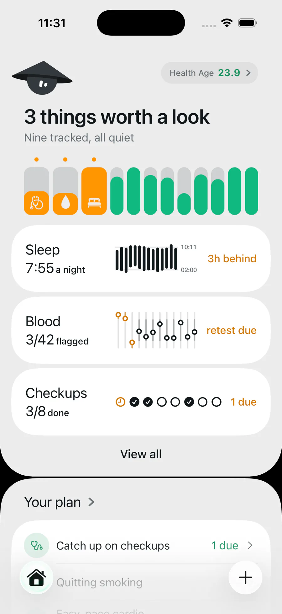 The State AI home screen: three things worth a look, the rest of the board quiet