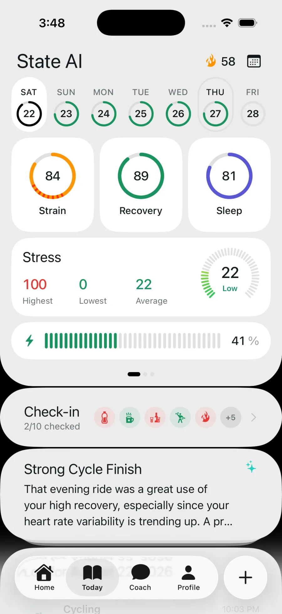 The Today screen: strain, recovery, and sleep scored for the morning
