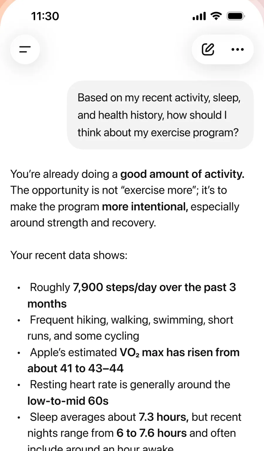 ChatGPT Health answering: Based on my recent activity, sleep, and health history, how should I think about my exercise program?