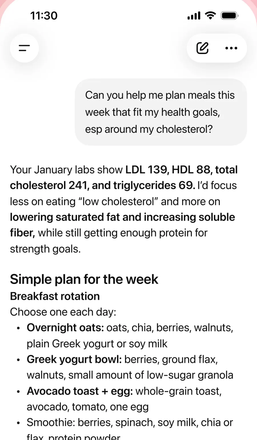 ChatGPT Health answering: Can you help me plan meals this week that fit my health goals, esp around my cholesterol?