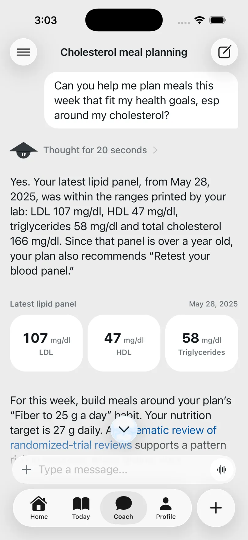 State AI answering: Can you help me plan meals this week that fit my health goals, esp around my cholesterol?