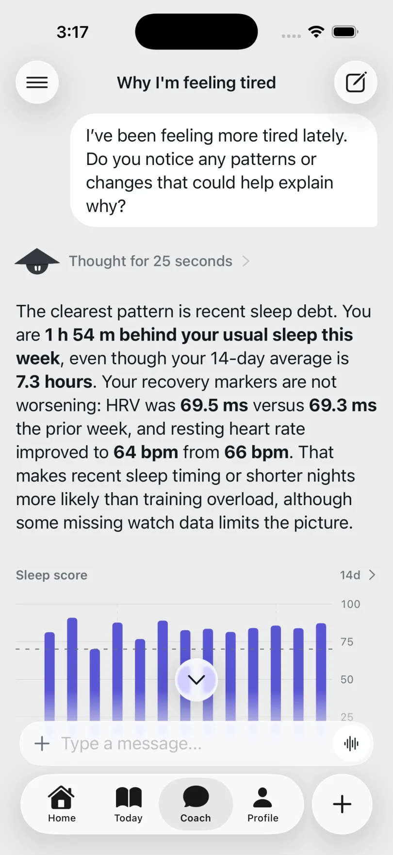 The coach answering why you've been tired, with sleep debt and a chart under the answer