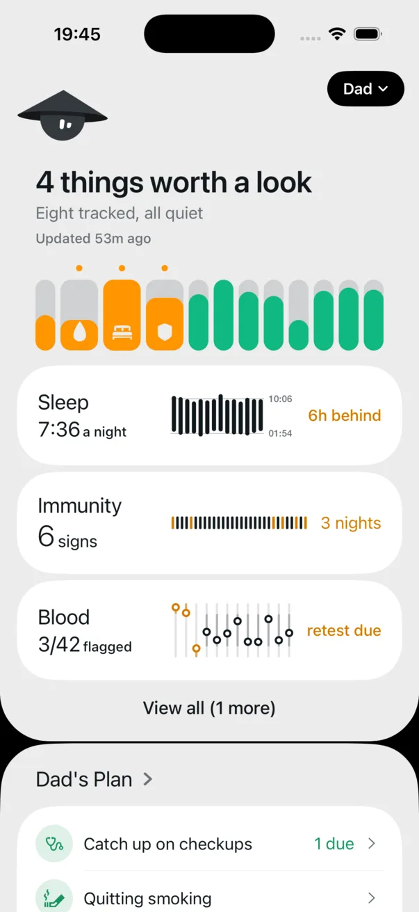 A parent's filled health dashboard in view-only mode