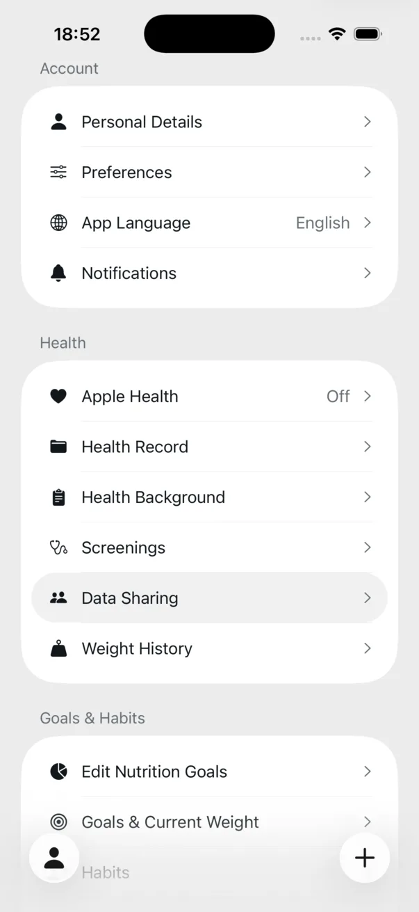 Profile screen with Data Sharing highlighted