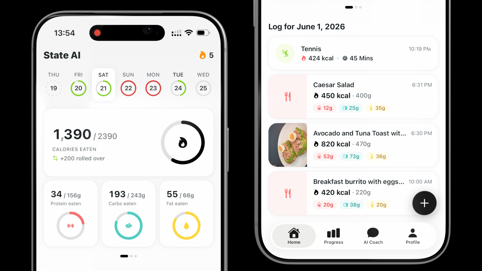 State AI home dashboard with calorie ring and recent meals
