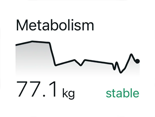 The Metabolism card: 77.1 kg, stable